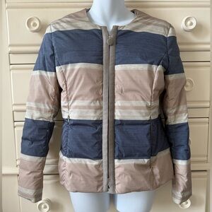 Armani Collezioni Blue and Tan Striped Puffer Jacket
